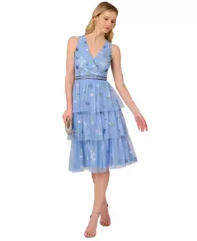 Женское платье из сетки с бусинами и ярусами Adrianna Papell, синий