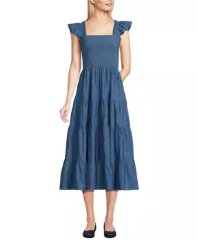 Женское платье из шамбрея со сборками и рюшами на бретелях Lands' End, синий