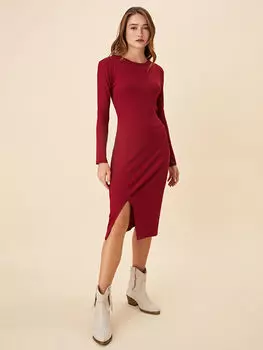 Женское платье из ткани с круглым вырезом и длинным рукавом с разрезом LCW Casual