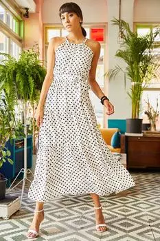 Женское платье из висконовой ткани цвета экрю в горошек с бретелькой на шее и поясом Olalook