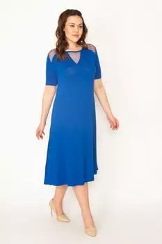 Женское платье из вискозы большого размера в сетку Saks ans, темно-синий