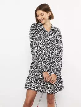 Женское платье из вискозы с длинным рукавом и воротником-рубашкой LCW Casual