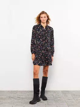 Женское платье из вискозы с длинным рукавом и воротником-рубашкой LCW Casual