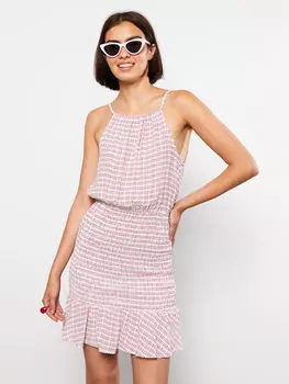 Женское платье из вискозы с клетчатым ремешком и бретельками через шею LCW Casual