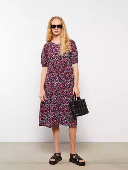 Женское платье из вискозы с круглым вырезом и короткими рукавами LCW Casual