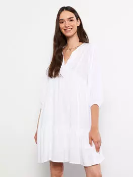 Женское платье из жатой ткани с круглым вырезом и вышивкой LCW Casual