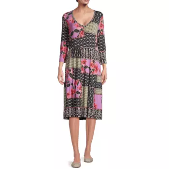 Женское платье Johnny Was Zanda с рукавами 3/4 и многослойной юбкой длиной до пола, футболка с рисунком, мультиколор