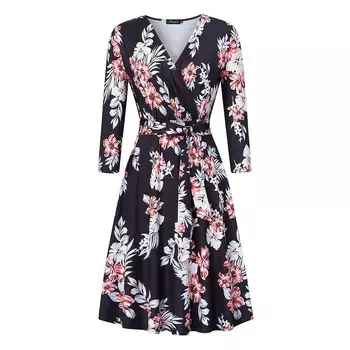 Женское платье-качели миди с рукавом 3/4 и v-образным вырезом из искусственного запаха большого размера для коктейльной вечеринки Kojooin, цвет White Red Leaves