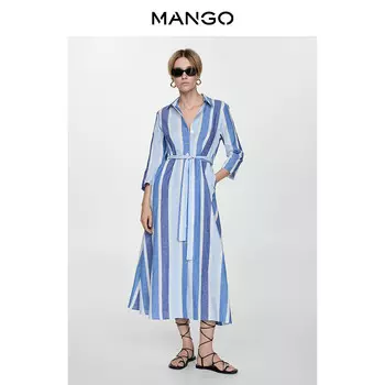 Женское платье Mango из хлопка и льна в полоску, синий