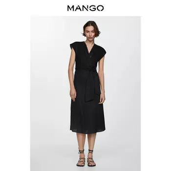 Женское платье Mango из льняной ткани и вышивкой, черный