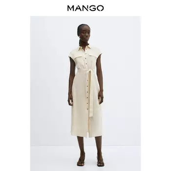 Женское платье Mango льняное длинное, светло-коричневый