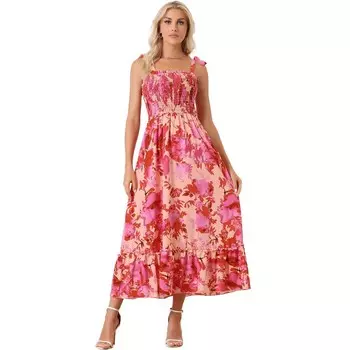 Женское платье макси без рукавов с квадратным вырезом и цветочным принтом на завязках ALLEGRA K, красный