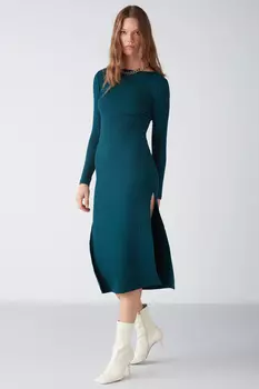 Женское платье макси Orla из гибкой струящейся ткани в рубчик с разрезами по бокам GRIMELANGE, зеленый