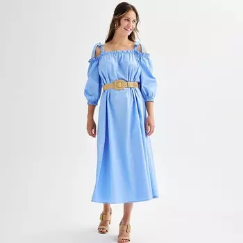 Женское платье макси с открытыми плечами и поясом Ellen Tracy и завязками, цвет French Blue