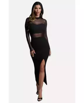 Женское платье макси с ребристой имитацией горловины и вставками из сетки Powermesh Bebe, черный