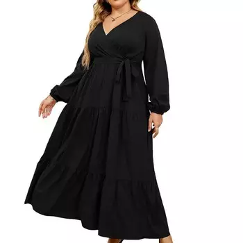 Женское платье макси с v-образным вырезом и запахом больших размеров, летнее повседневное платье с высокой талией и оборками, с поясом и длинным рукавом Kojooin, черный