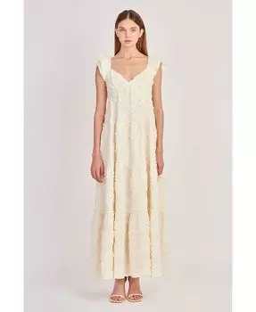 Женское платье макси с вышивкой лентами English Factory, слоновая кость/кремовый