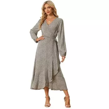 Женское платье макси в стиле бохо с длинными рукавами и цветочным принтом, завязкой на талии, рюшами и разрезом подол ALLEGRA K, цвет Khaki