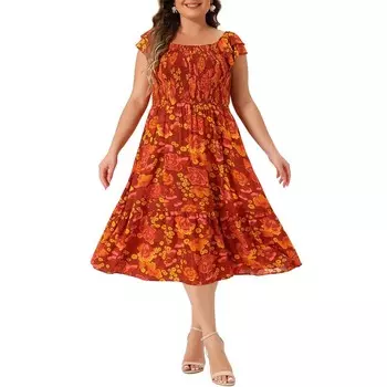 Женское платье миди больших размеров с квадратным вырезом и развевающимися рукавами, летнее платье с высокой талией Agnes Orinda, цвет Brick Red