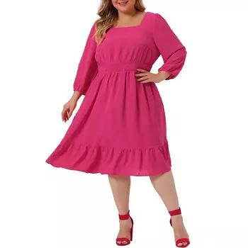 Женское платье миди больших размеров с присборенной талией и рукавами 3/4 в швейцарский горошек Agnes Orinda, цвет Hot Pink