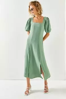 Женское платье миди цвета хаки с квадратным воротником и разрезом Olalook