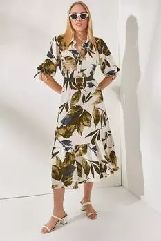 Женское платье миди цвета хаки с воротником-рубашкой и разрезом Olalook, серый