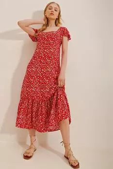Женское платье миди длины из вискозы с красным квадратным воротником и рисунком Trend Alaat Stili, красный