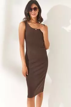 Женское платье миди из лайкры горько-коричневого цвета с толстыми бретелями Olalook, коричневый