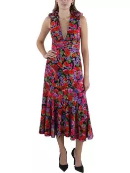 Женское платье миди ниже колена с глубоким V-образным вырезом AMUR, цвет red floral