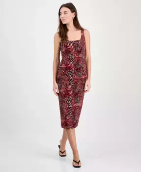 Женское платье миди с абстрактным принтом, рюшами и сетчатыми вставками Bar III, красный