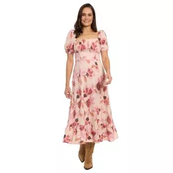 Женское платье миди с цветочным принтом, квадратным вырезом, рукавами-буфами и талией в стиле ампир London Times, цвет beige rust