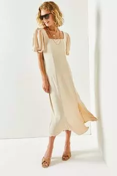Женское платье миди с квадратным воротником и разрезом Olalook, бежевый