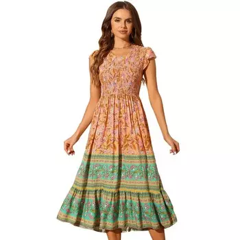 Женское платье миди с оборками и развевающимися рукавами в стиле бохо с цветочным принтом ALLEGRA K, оранжевый