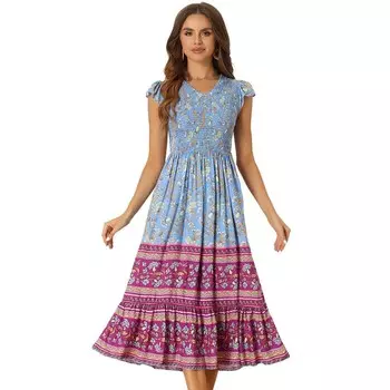 Женское платье миди с оборками и развевающимися рукавами в стиле бохо с цветочным принтом ALLEGRA K, синий