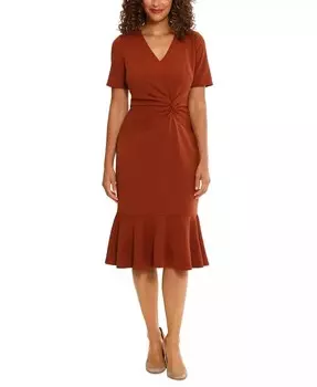 Женское платье миди с перекрученным краем и воланами London Times, коричневый