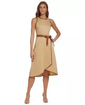 Женское платье миди с поясом и смешанной техникой DKNY, мульти