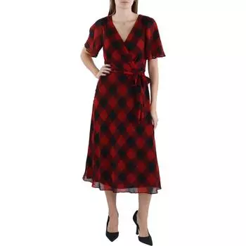 Женское платье-миди с принтом в клетку и сюрплисом Lauren Ralph Lauren, красный