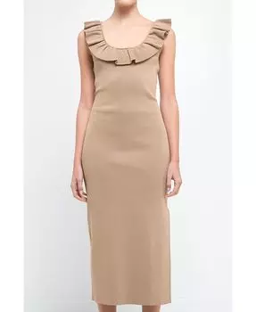 Женское платье миди с разрезом и рюшами endless rose, тан/бежевый