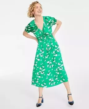 Женское платье миди с V-образным вырезом и короткими рукавами с принтом On 34th, зеленый