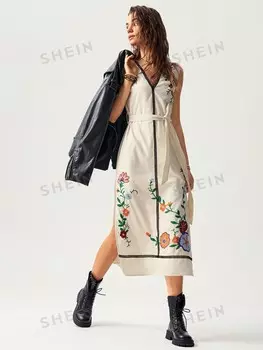 Женское платье миди с вышивкой Boho Feels для релаксации Shein, белый