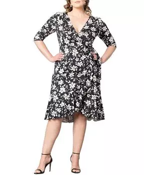 Женское платье миди с запахом и кокетливым воланом больших размеров, рукава 3/4 Kiyonna, черный