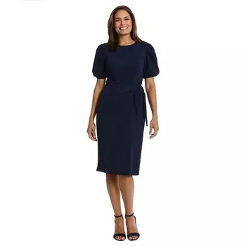 Женское платье миди-саронг с запахом и пышными рукавами London Times, темно-синий