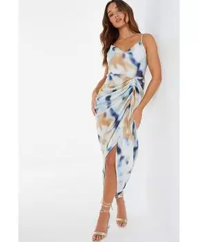 Женское платье миди со сборками и принтом и воротником-хомутом QUIZ, мультиколор