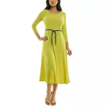 Женское платье миди Sylvia с рукавами три четверти и поясом Nina Leonard, цвет chartreuse