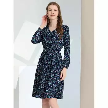 Женское платье миди трапеции с v-образным вырезом и цветочным принтом ALLEGRA K, белый