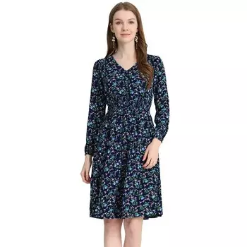 Женское платье миди трапеции с v-образным вырезом и цветочным принтом ALLEGRA K, цвет Black Blue