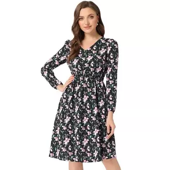 Женское платье миди трапеции с v-образным вырезом и цветочным принтом ALLEGRA K, черный
