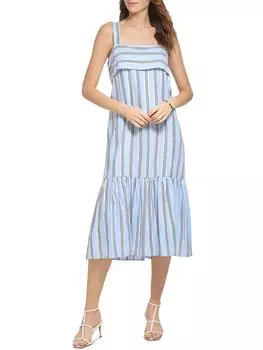 Женское платье миди в металлическую полоску DKNY, цвет frosting blue combo