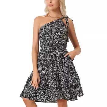 Женское платье на одно плечо, мини-сарафан с рюшами и рюшами, струящееся пляжное платье ALLEGRA K, черный