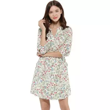 Женское платье на пуговицах с V-образным вырезом и цветочным принтом, рукавами 3/4 и боковыми карманами ALLEGRA K, черный